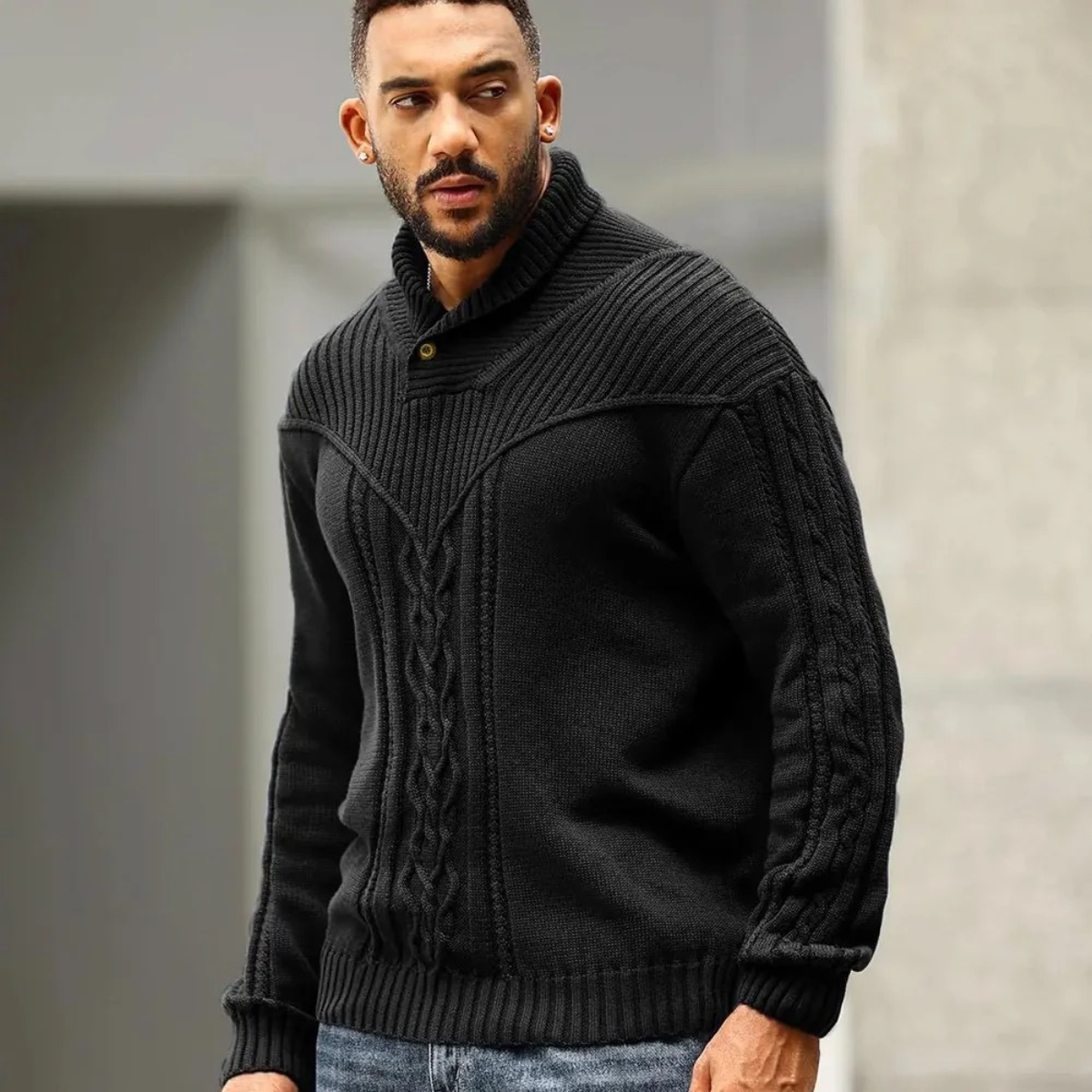 Men’s Cowl Collar Cable-Knit Sweater