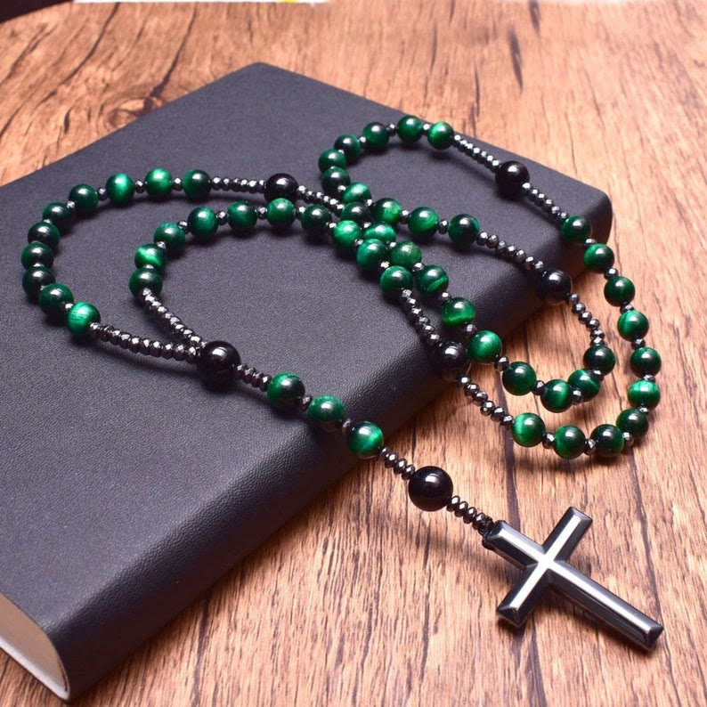 Men's Blue Gemstone Beaded Prayer Necklace