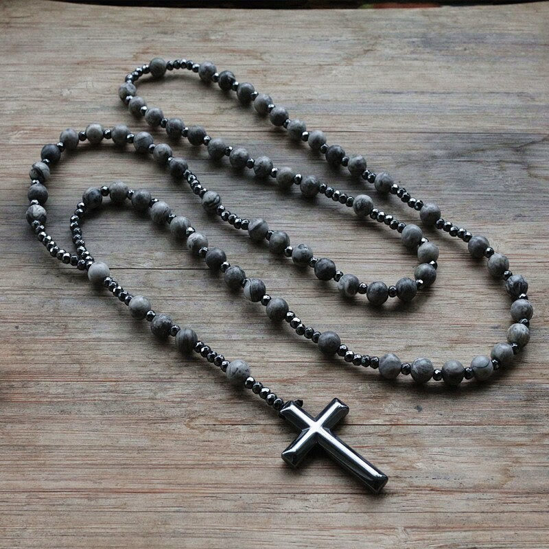 Men's Blue Gemstone Beaded Prayer Necklace