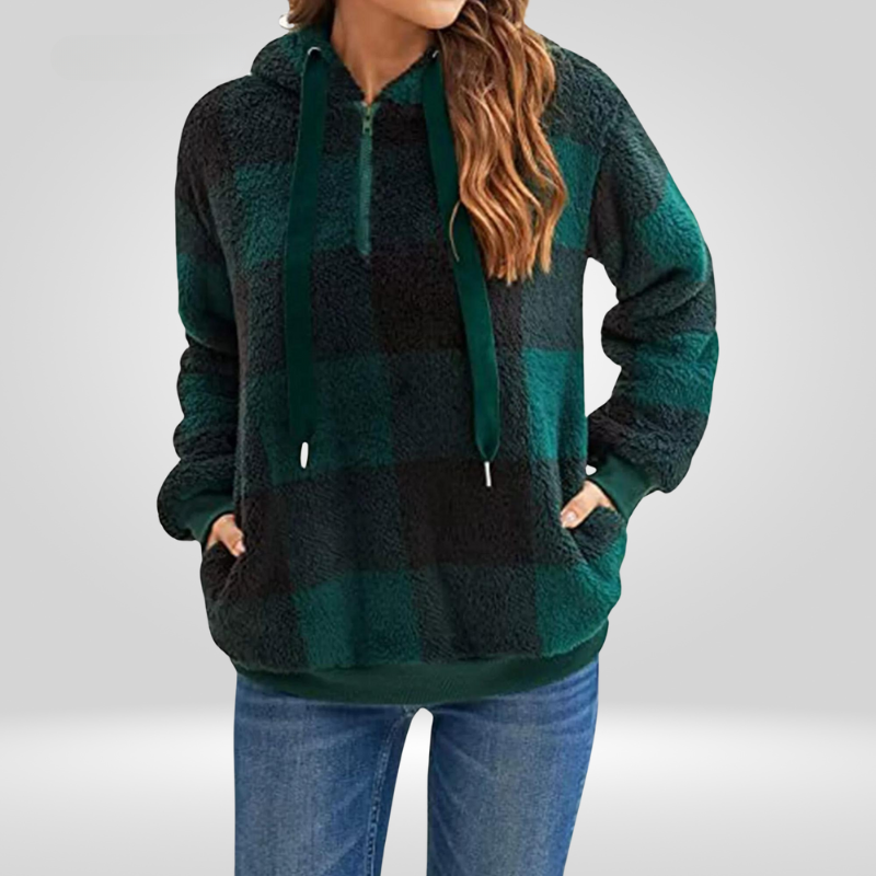 Petra | Stylish women's hoodie with half zipper and check pattern
