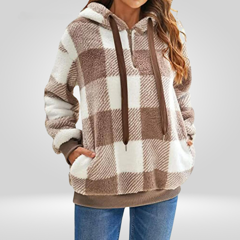 Petra | Stylish women's hoodie with half zipper and check pattern