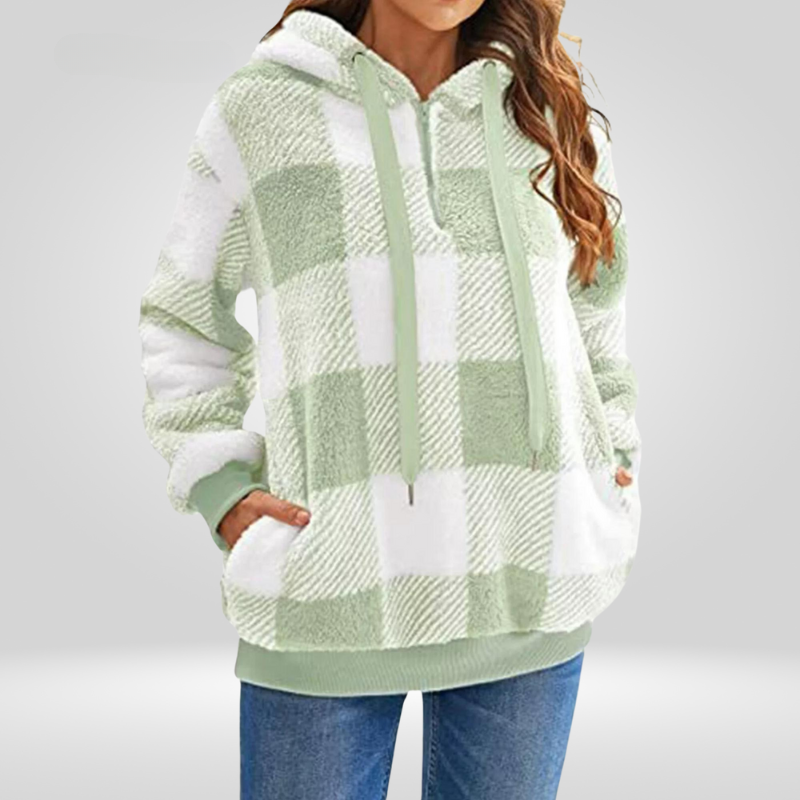 Petra | Stylish women's hoodie with half zipper and check pattern