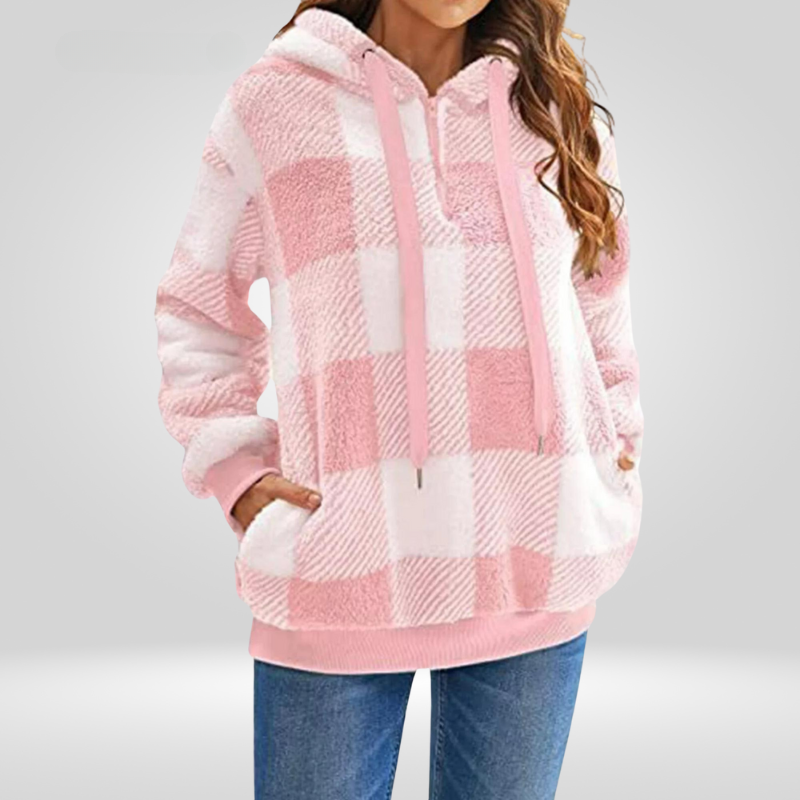 Petra | Stylish women's hoodie with half zipper and check pattern