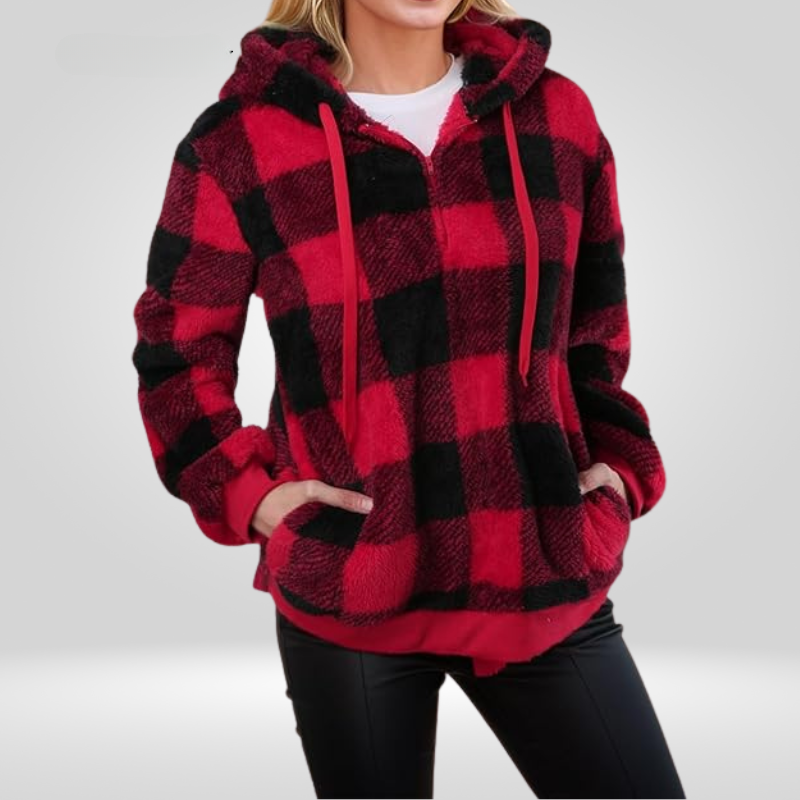 Petra | Stylish women's hoodie with half zipper and check pattern