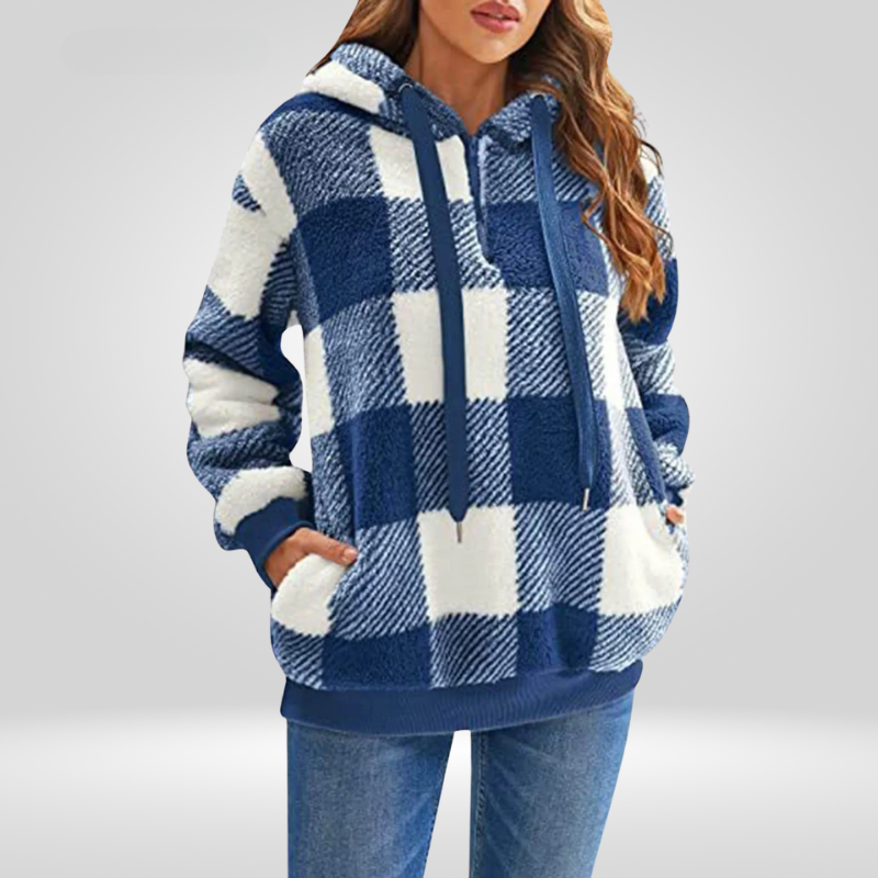 Petra | Stylish women's hoodie with half zipper and check pattern