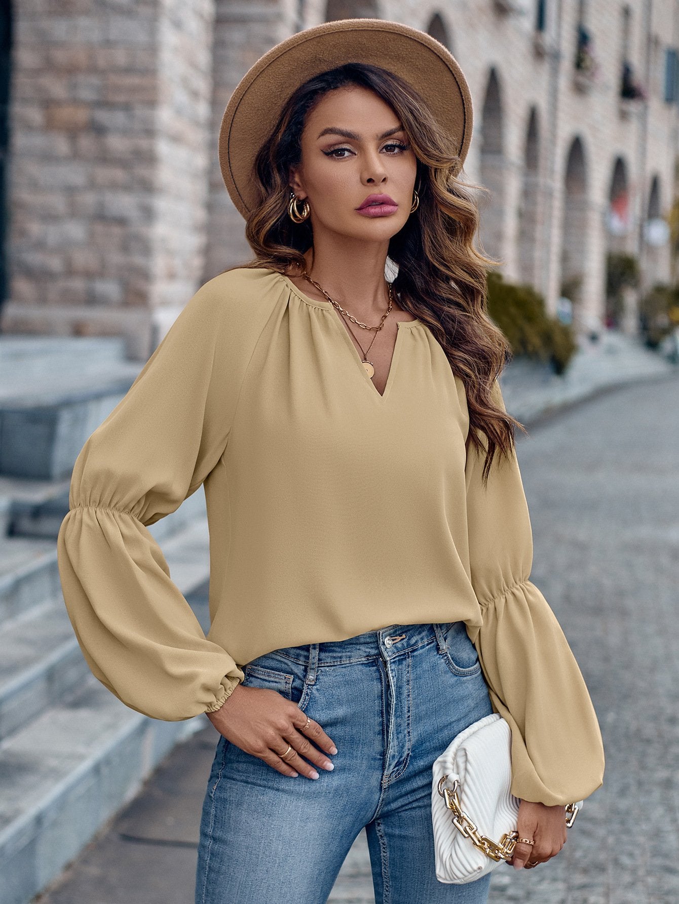 Top - Polyester Blend V Neck & Loose Layering Easy Fit