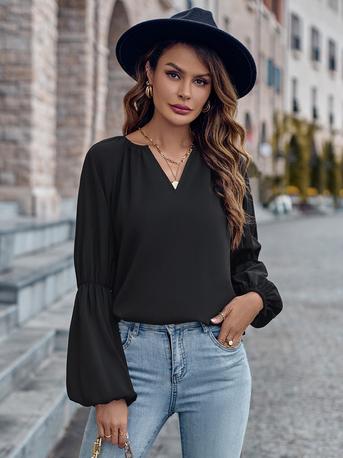 Top - Polyester Blend V Neck & Loose Layering Easy Fit