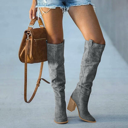 Trendy Women's Gray Block Heel Boots – Urban Western Style for Versatile Outfits