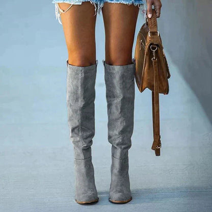 Trendy Women's Gray Block Heel Boots – Urban Western Style for Versatile Outfits
