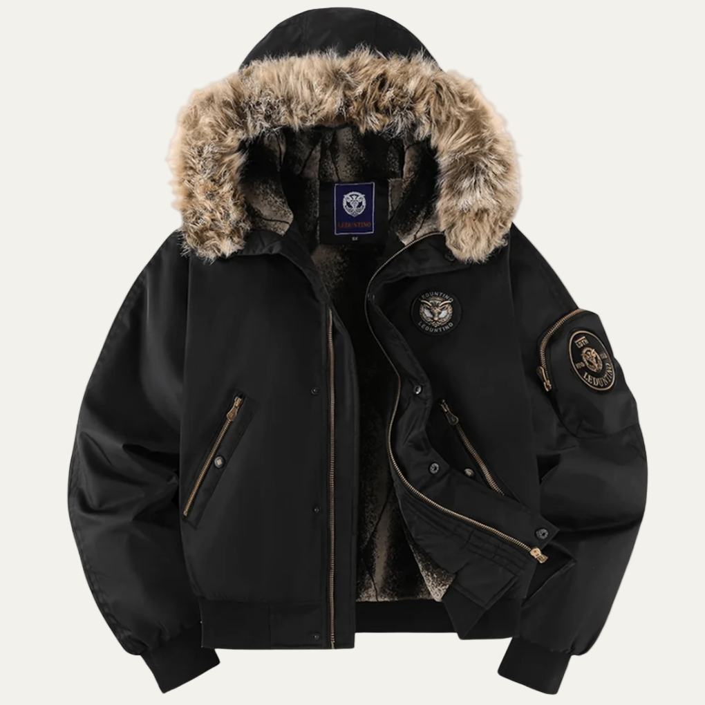 Men’s Heavy Quilted Bomber Jacket with Fur Trim Hood