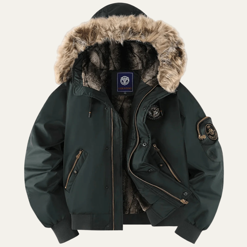Men’s Heavy Quilted Bomber Jacket with Fur Trim Hood