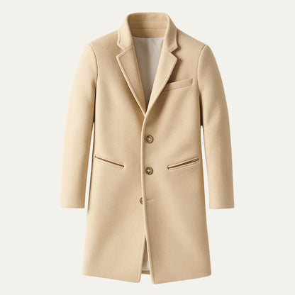 Men’s Long Wool Like Trench Coat with Notch Lapel