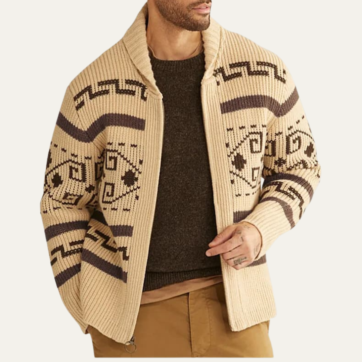 Men’s Southwestern Pattern Shawl Collar Zip Cardigan