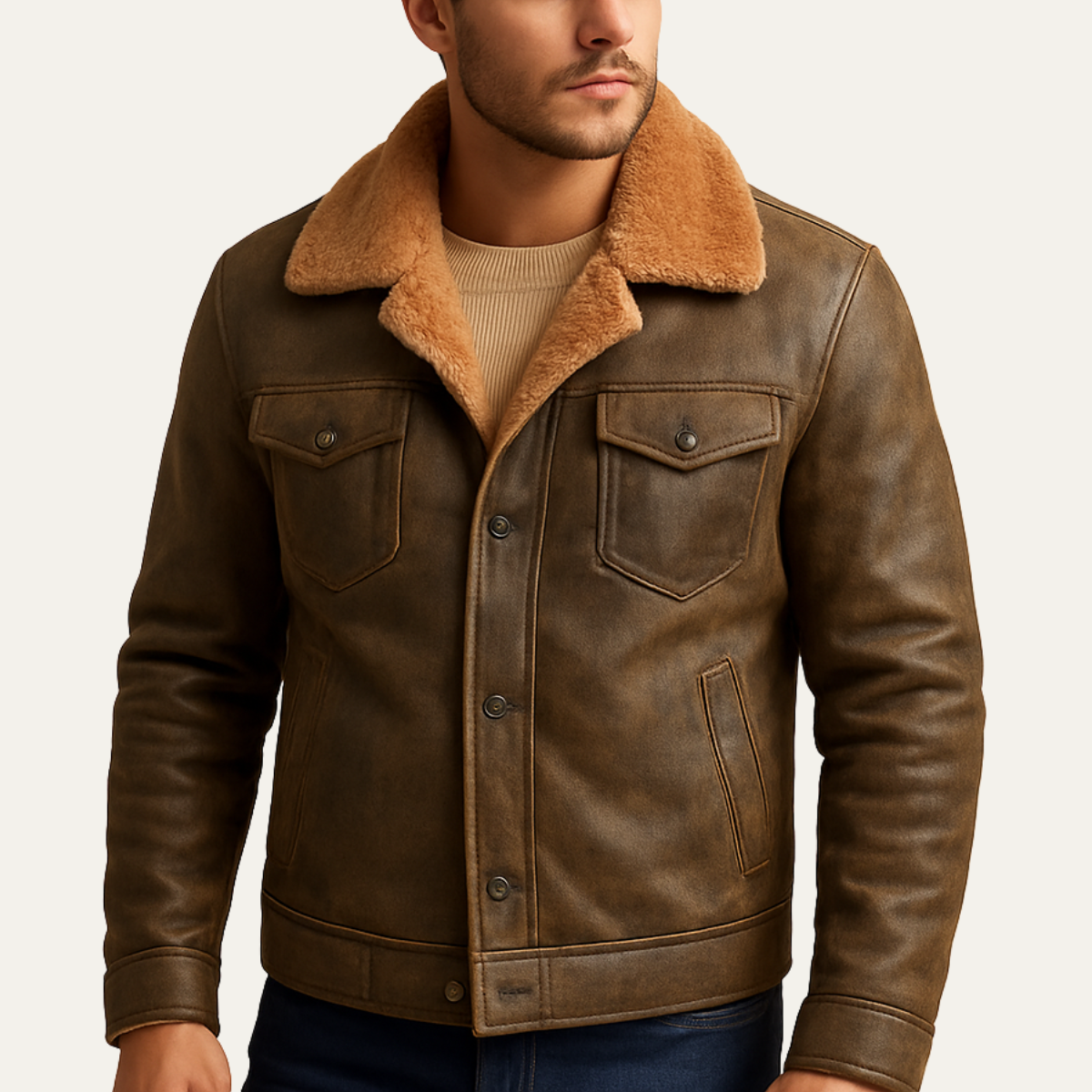 Men’s Faux Suede Shearling Lined Trucker Jacket