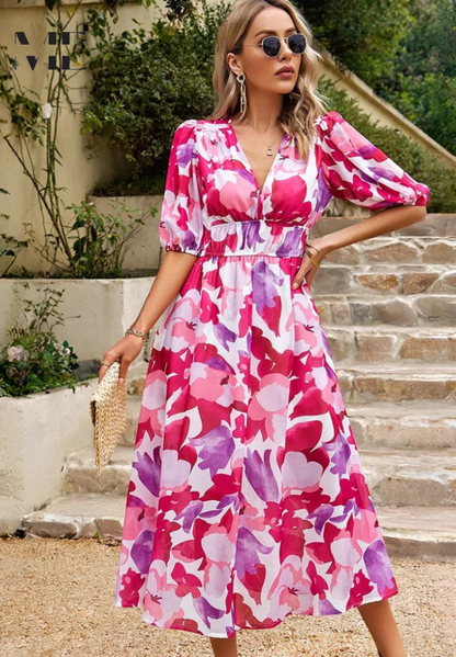 Beautiful Floral Tea Dress with Puffy Sleeves