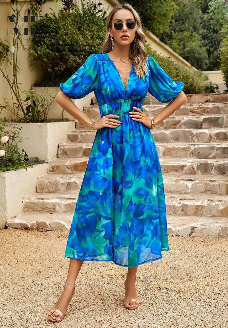 Beautiful Floral Tea Dress with Puffy Sleeves
