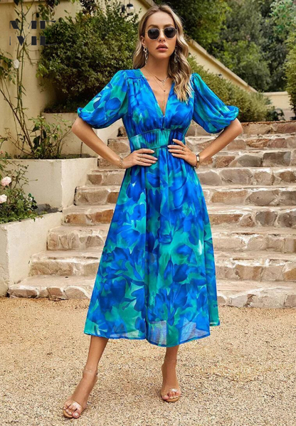 Beautiful Floral Tea Dress with Puffy Sleeves