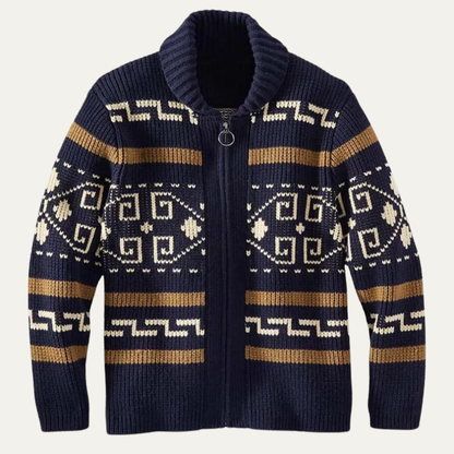The Corvara Men’s Winter Shawl Collar Cardigan with Aztec Pattern