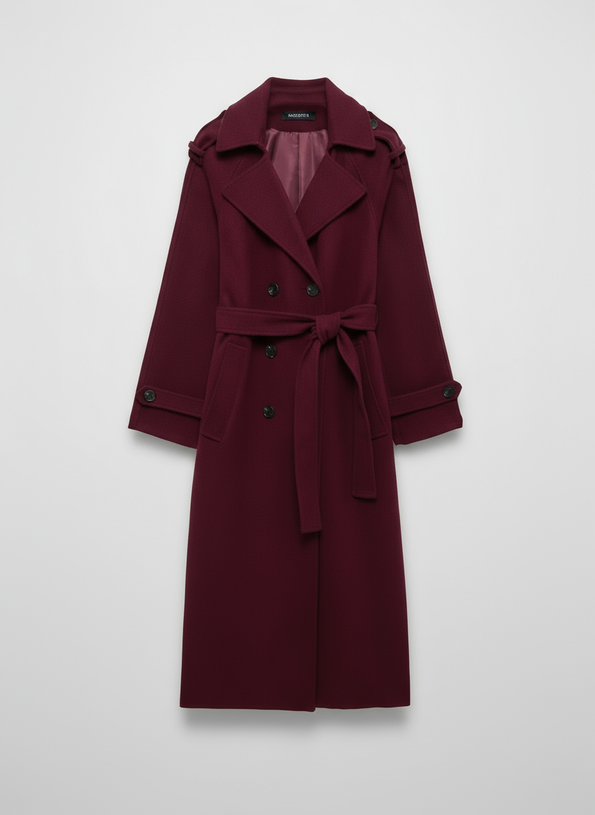 Women’s Long Burgundy Trench Coat – Double-Breasted Belted Maxi Style