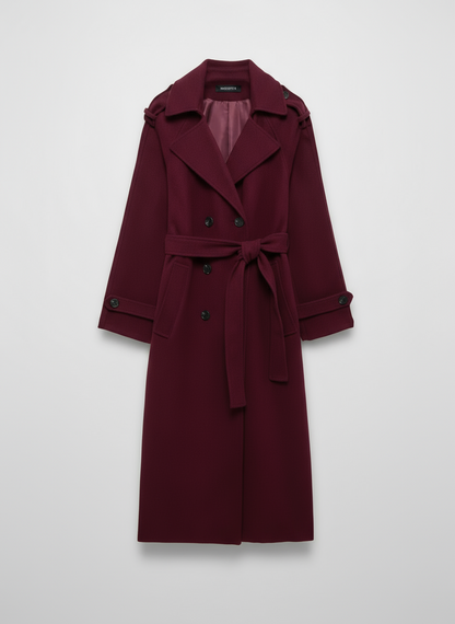 Women’s Long Burgundy Trench Coat – Double-Breasted Belted Maxi Style