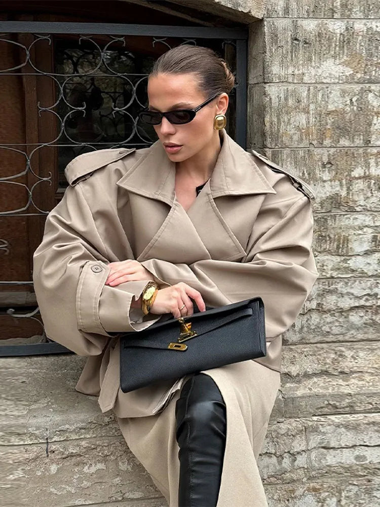 Sienna | Women's Vintage Short Trench Coat – Chic Turn-Down Collar Jacket with Shoulder Pads