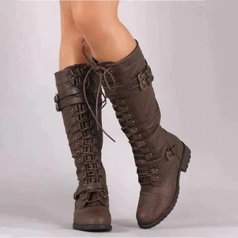 Isabella Leather Lace-Up Combat Boots | Buckled Mid-Calf Boots