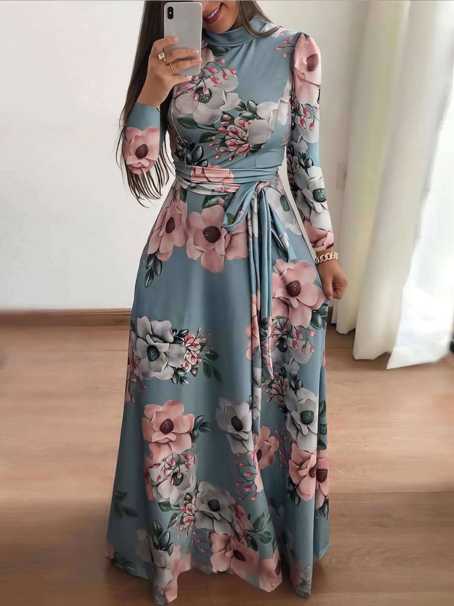 Elegant Floral Maxi Dress for Women with Long Sleeves