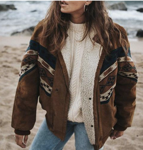 Giselle | Women's Boho Suede Winter Jacket with Ethnic Pattern