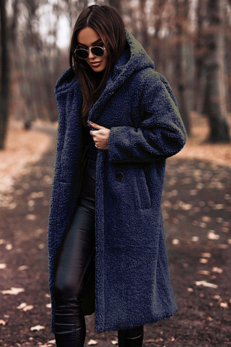 Solen | Women’s Oversized Hooded Wool Coat – Warm Long Button Front Winter Trench Jacket