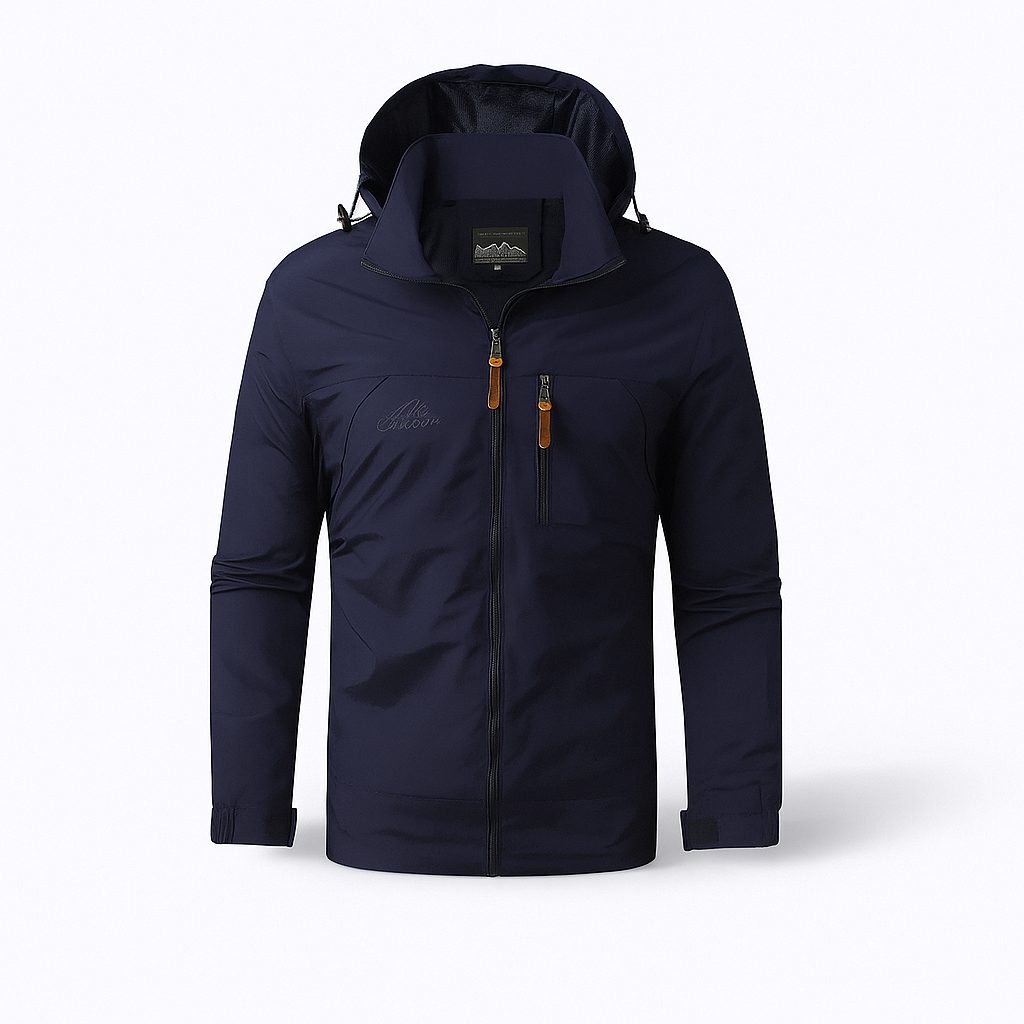 Waterproof men's rain jacket with hood and zipped pockets for outdoor use