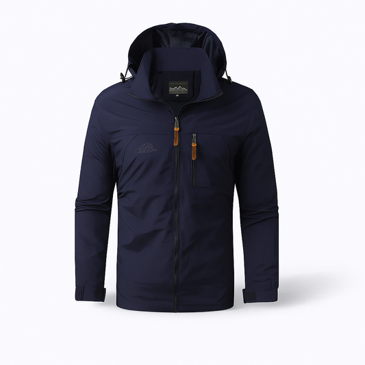 Waterproof men's rain jacket with hood and zipped pockets for outdoor use