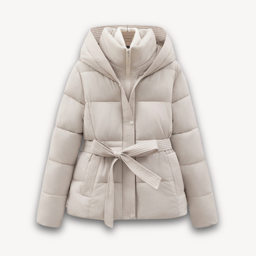 Women's Puffer Jacket with Hood and Belt
