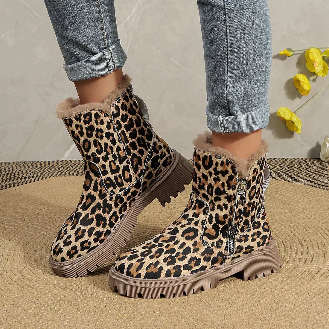 Winter Boots Women - Stylish Leopard Print Boots with Soft Lining and Platform Sole