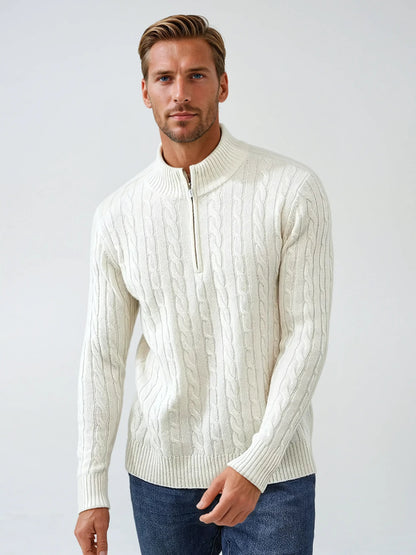 Victor - White Wool Quarter-Zip Sweater