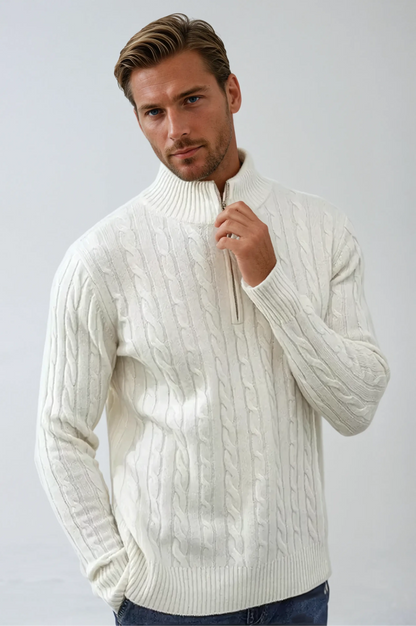 Victor - White Wool Quarter-Zip Sweater