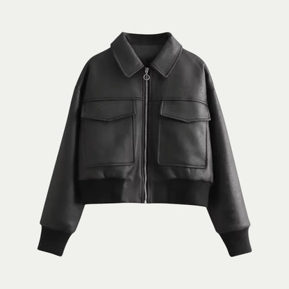 Women’s Cropped Faux Leather Aviator Jacket