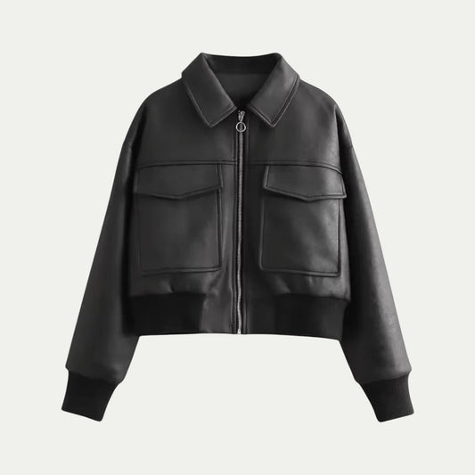 Women’s Cropped Faux Leather Aviator Jacket