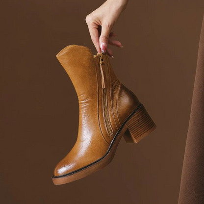 Women’s Leather Chunky Heel Ankle Boots