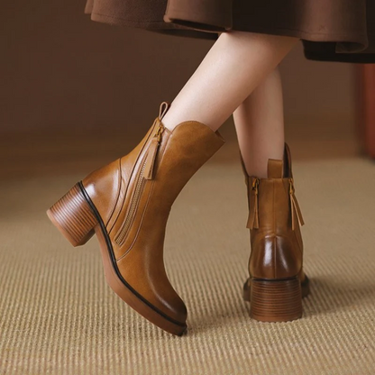 Women’s Leather Chunky Heel Ankle Boots