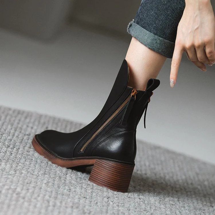 Women’s Leather Chunky Heel Ankle Boots