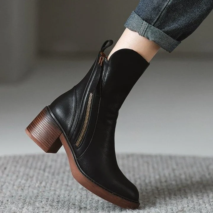 Women’s Leather Chunky Heel Ankle Boots