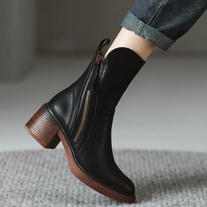 Women’s Leather Chunky Heel Ankle Boots