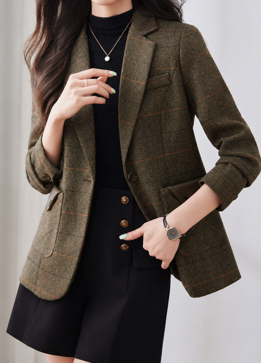 Women’s Blazer – Tailored Fit – Wool Blend – Plaid Pattern – Contrast Lapel – Single Button