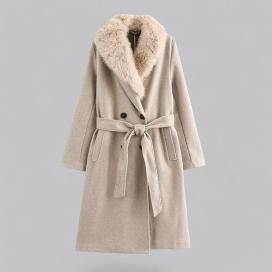 Women’s Longline Belted Coat with Faux-Fur Collar