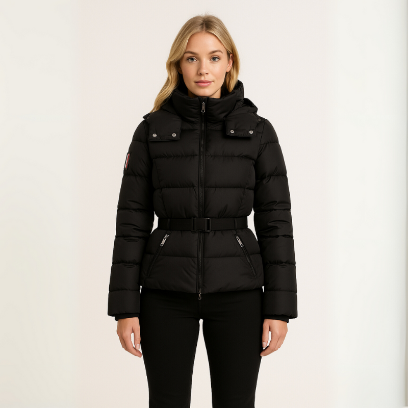 Kaiya | Women's Black Puffer Jacket Winter Coat with Belted Waist