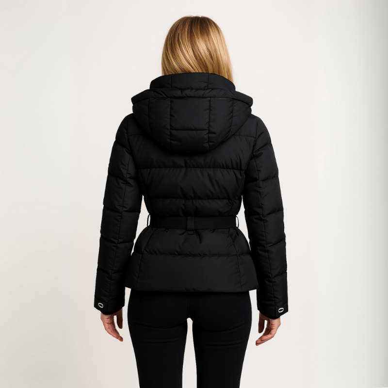 Kaiya | Women's Black Puffer Jacket Winter Coat with Belted Waist