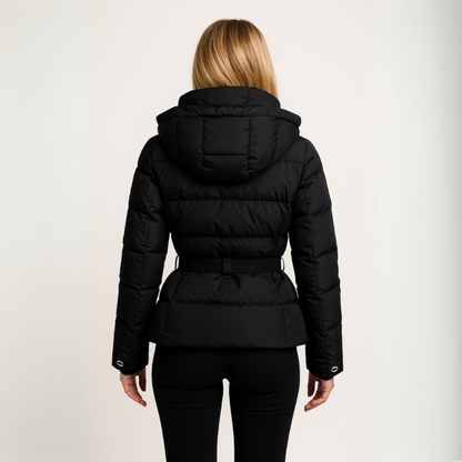 Kaiya | Women's Black Puffer Jacket Winter Coat with Belted Waist