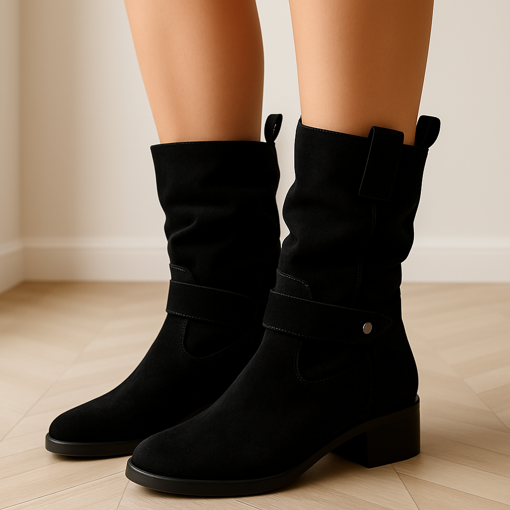 Women's Black Suede Knee High Boots – Comfortable Pleated Shaft Stylish Footwear
