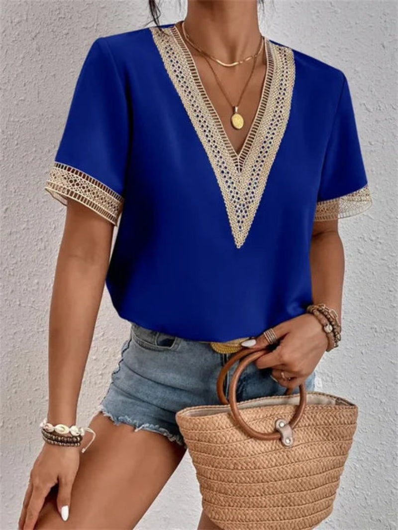 Feminine V-Neck Top with Delicate Lace Trim