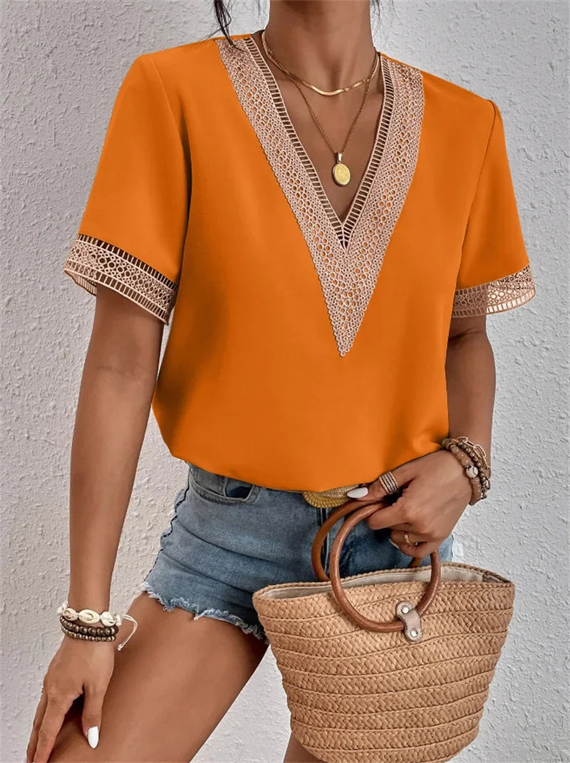 Feminine V-Neck Top with Delicate Lace Trim